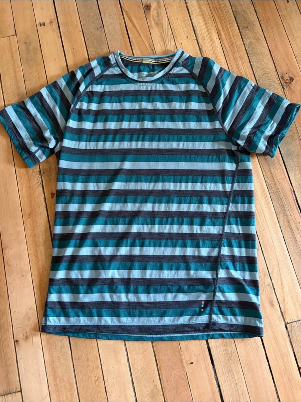 Smartwool Men's Teal and Navy Striped Short-Sleeve Crewneck Merino 150